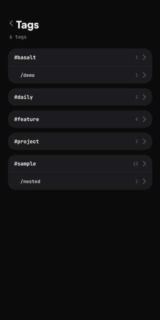 The tag index, showing nested tags and counts